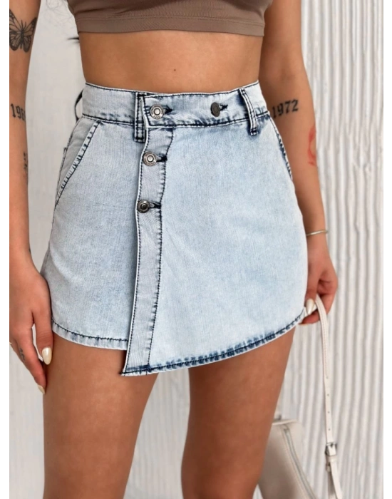 Kot Jeans Kesimetrik Kesim Cepli Şortlu Etek  Gri