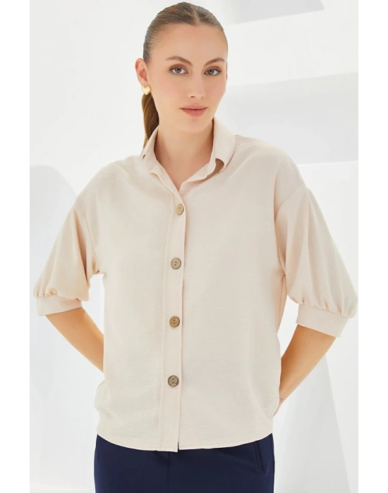 Krem Kısa Kol Oversize Keten Gömlek 202