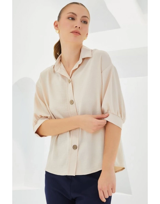 Krem Kısa Kol Oversize Keten Gömlek 202
