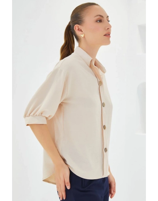 Krem Kısa Kol Oversize Keten Gömlek 202
