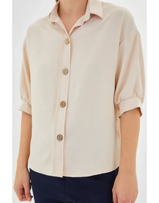 Krem Kısa Kol Oversize Keten Gömlek 202
