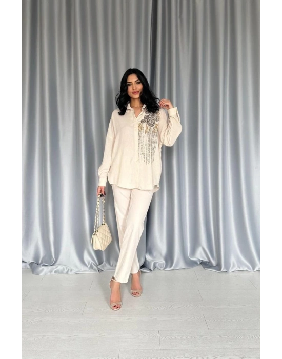 Krem Pulpayet Nakışlı Bedensiz Gömlek