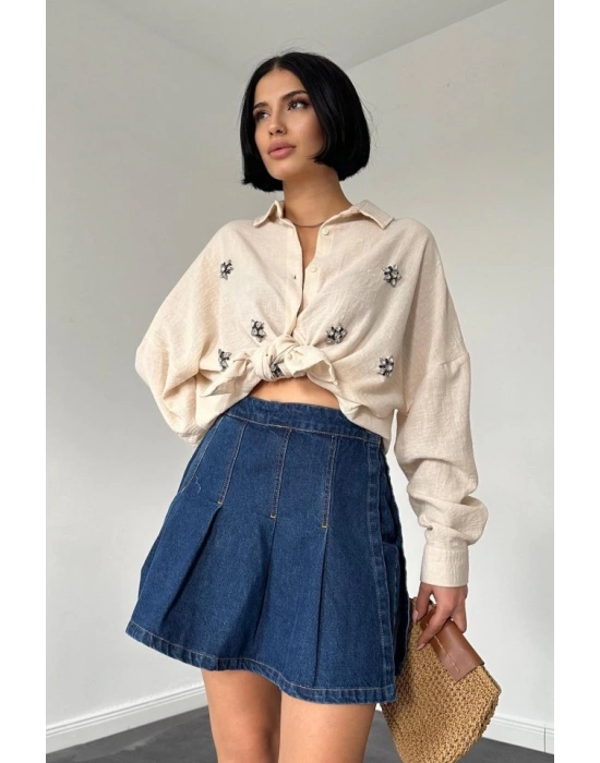 Krem Taş İşlemeli Gömlek