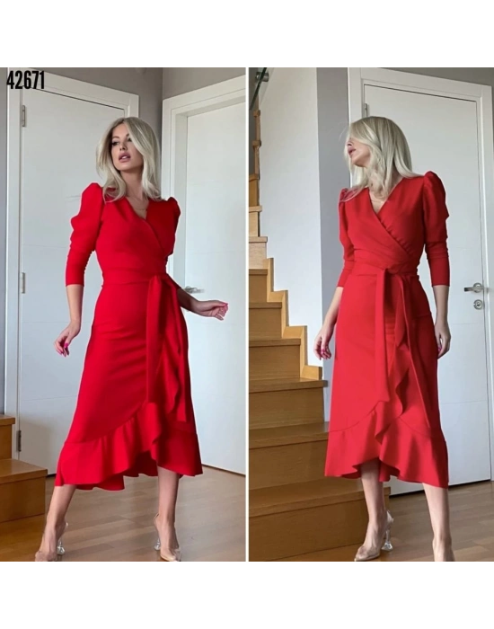 Krep Kumaş Midi Boy Kuşaklı Uzunkol Elbise