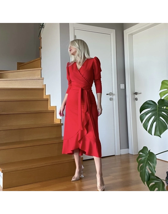 Krep Kumaş Midi Boy Kuşaklı Uzunkol Elbise