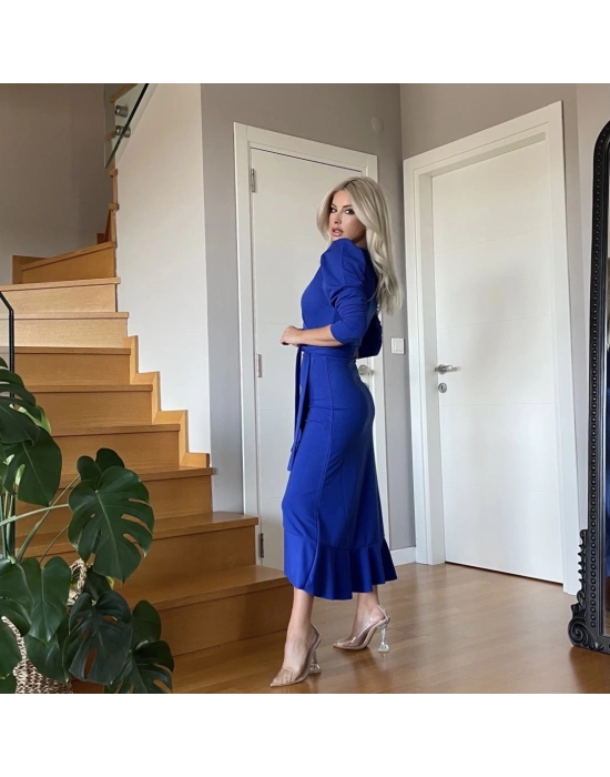 Krep Kumaş Midi Boy Kuşaklı Uzunkol Elbise