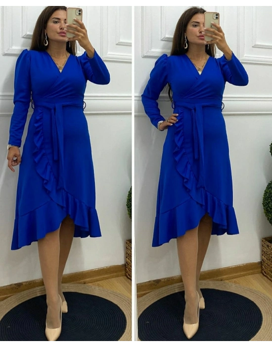 Krep Kumaş Midi Boy Kuşaklı Uzunkol Elbise