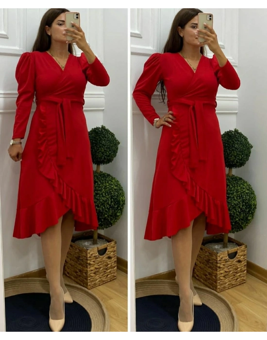 Krep Kumaş Midi Boy Kuşaklı Uzunkol Elbise