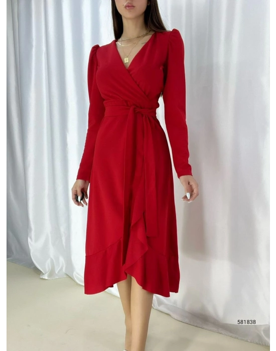 Krep Kumaş Midi Boy Kuşaklı Uzunkol Elbise