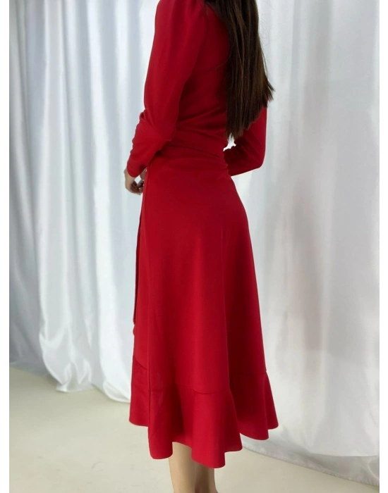 Krep Kumaş Midi Boy Kuşaklı Uzunkol Elbise
