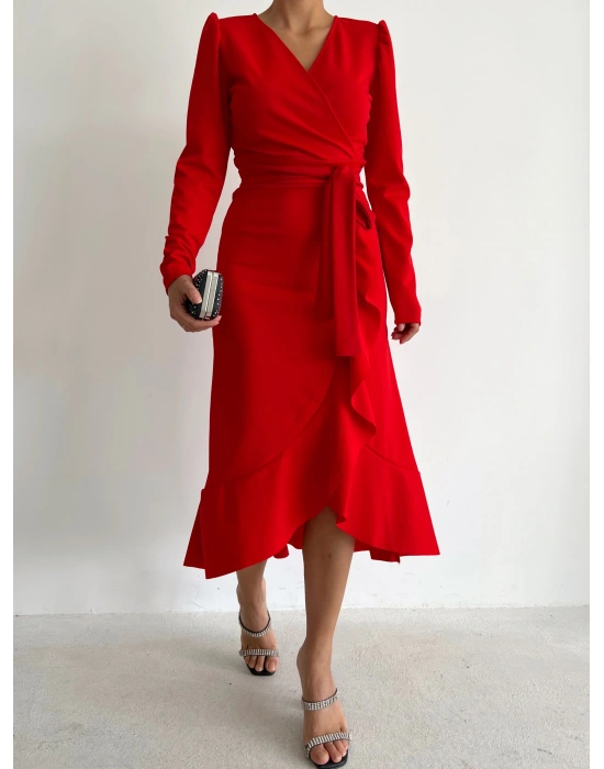 Krep Kumaş Midi Boy Kuşaklı Uzunkol Elbise