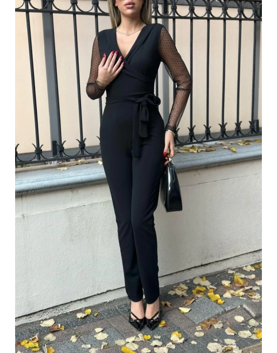 Krep Kumaş Kol Tül Puan Detaylı Kuşaklı Tulum 141 Cm