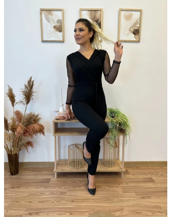 Krep Kumaş Kol Tül Puan Detaylı Kuşaklı Tulum 141 Cm