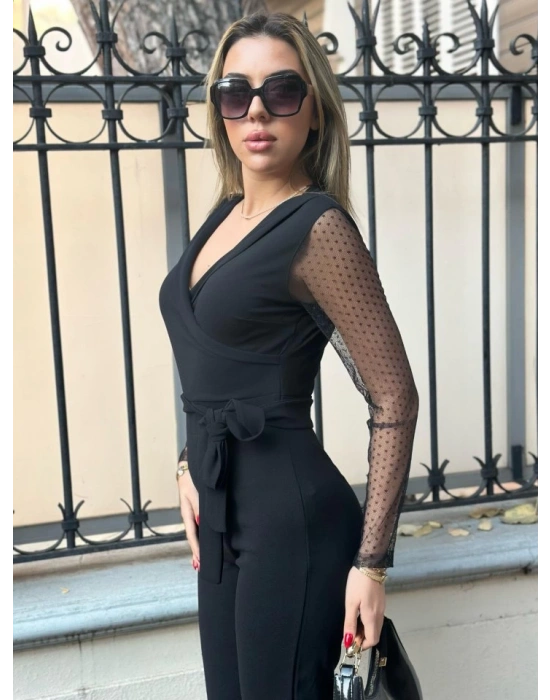 Krep Kumaş Kol Tül Puan Detaylı Kuşaklı Tulum 141 Cm