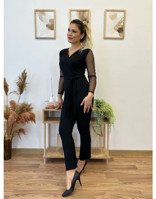 Krep Kumaş Kol Tül Puan Detaylı Kuşaklı Tulum 141 Cm