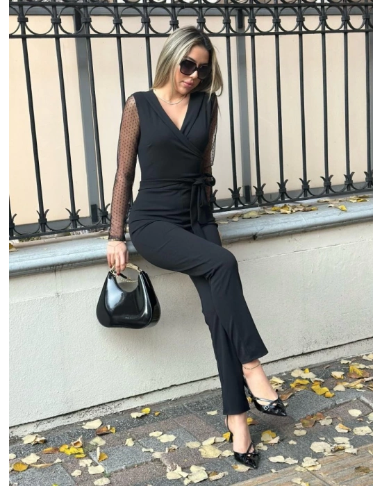 Krep Kumaş Kol Tül Puan Detaylı Kuşaklı Tulum 141 Cm