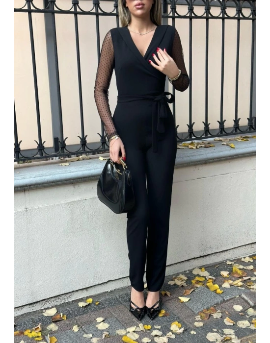 Krep Kumaş Kol Tül Puan Detaylı Kuşaklı Tulum 141 Cm