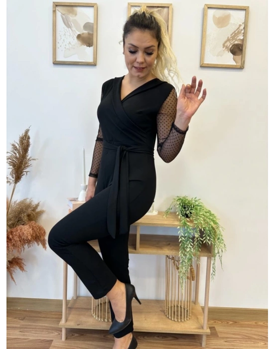 Krep Kumaş Kol Tül Puan Detaylı Kuşaklı Tulum 141 Cm