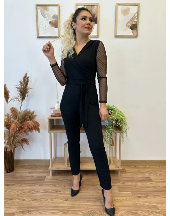 Krep Kumaş Kol Tül Puan Detaylı Kuşaklı Tulum 141 Cm