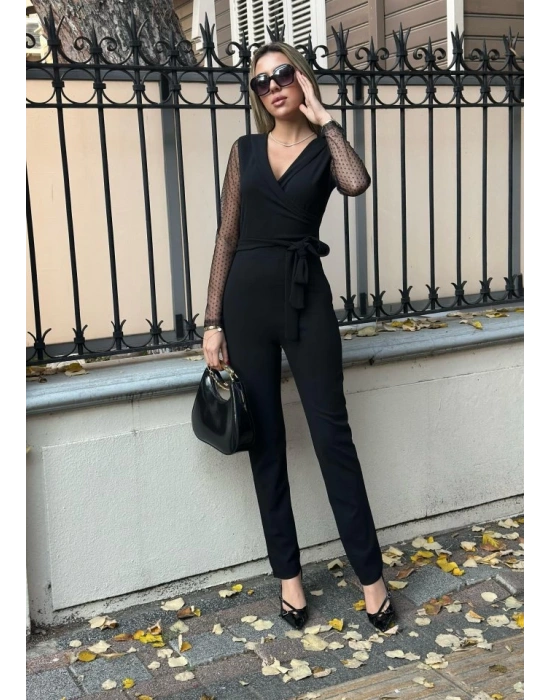 Krep Kumaş Kol Tül Puan Detaylı Kuşaklı Tulum 141 Cm