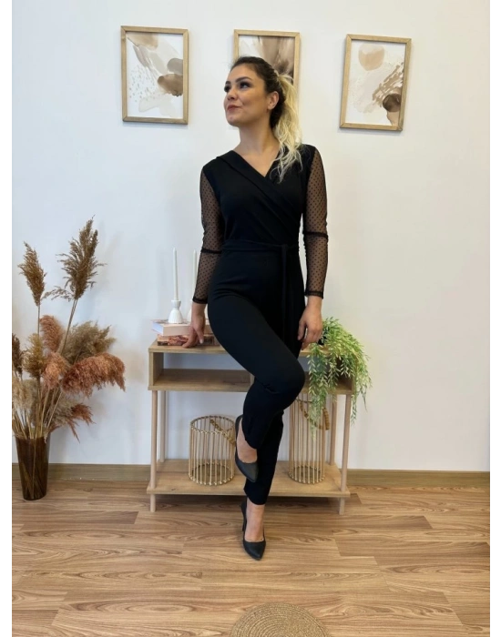 Krep Kumaş Kol Tül Puan Detaylı Kuşaklı Tulum 141 Cm