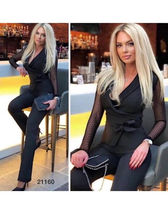 Krep Kumaş Kol Tül Puan Detaylı Kuşaklı Tulum 141 Cm