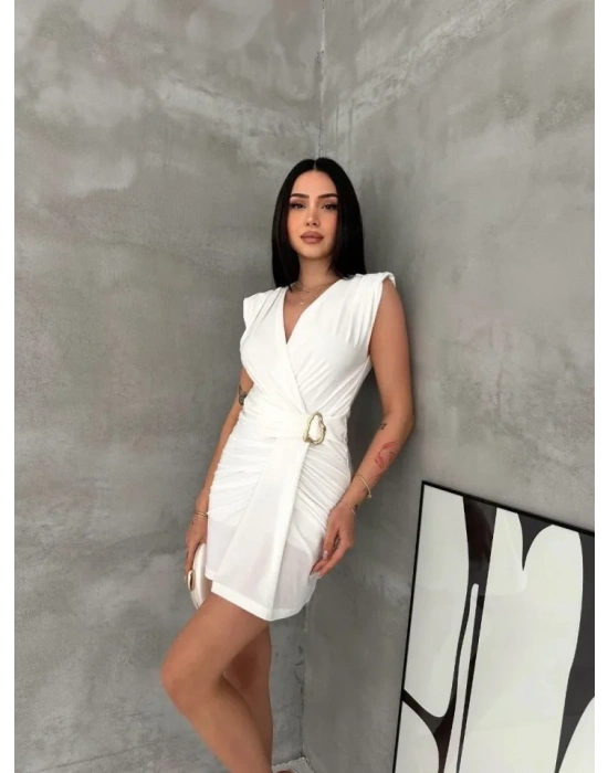 Kruvaze Drapeli Tokalı ini Elbise Şık Gece Davet Abiye  Beyaz