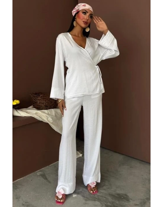 Kruvaze odel Klasik Pantolonlu Çupra Keten Takım 10191