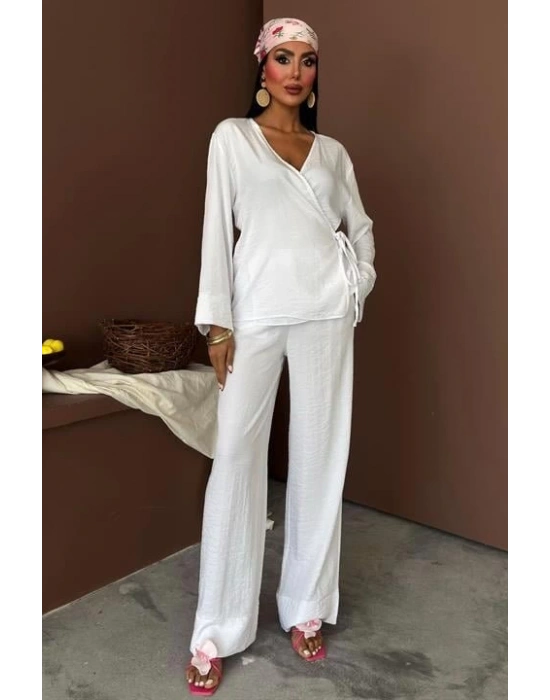Kruvaze odel Klasik Pantolonlu Çupra Keten Takım 10191