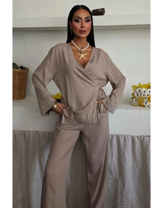 Kruvaze odel Klasik Pantolonlu Çupra Keten Takım 10191
