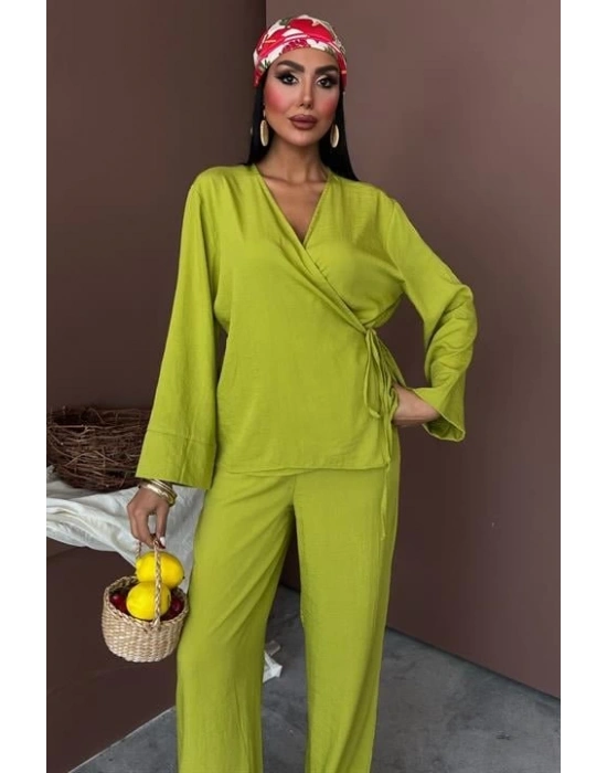 Kruvaze odel Klasik Pantolonlu Çupra Keten Takım 10191