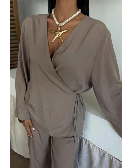 Kruvaze odel Klasik Pantolonlu Çupra Keten Takım 10191