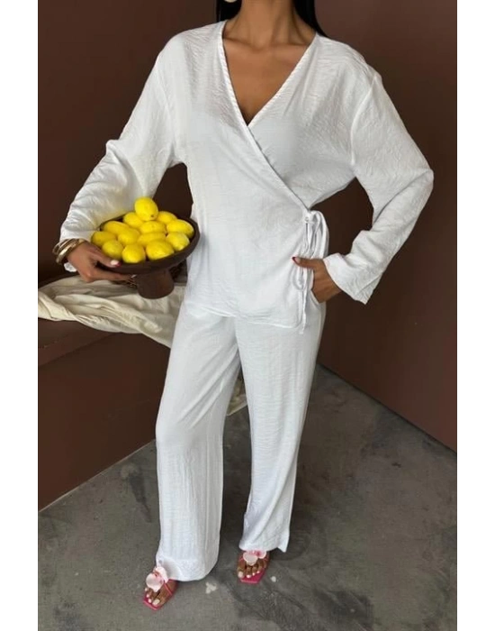 Kruvaze odel Klasik Pantolonlu Çupra Keten Takım 10191