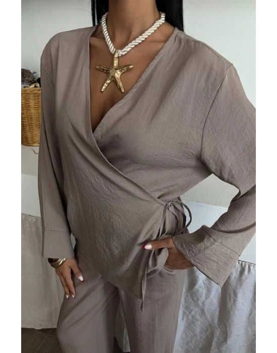 Kruvaze odel Klasik Pantolonlu Çupra Keten Takım 10191