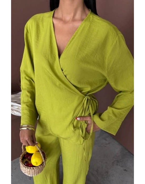 Kruvaze odel Klasik Pantolonlu Çupra Keten Takım 10191