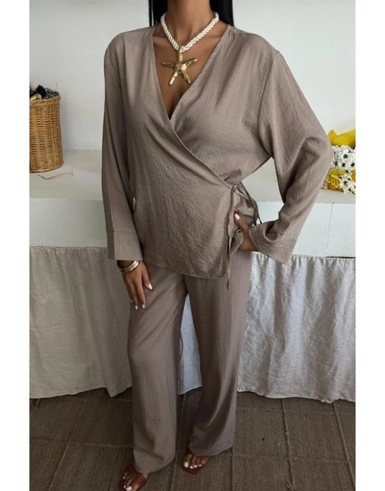 Kruvaze odel Klasik Pantolonlu Çupra Keten Takım 10191