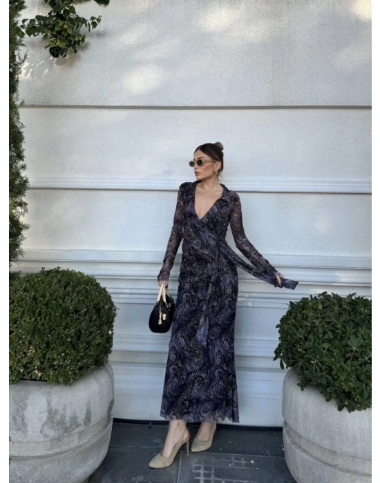 Kruvaze V Yaka, Fırfırlı Ve Bağcıklı Desenli Bluz Ve Midi Etek Takım  iyah