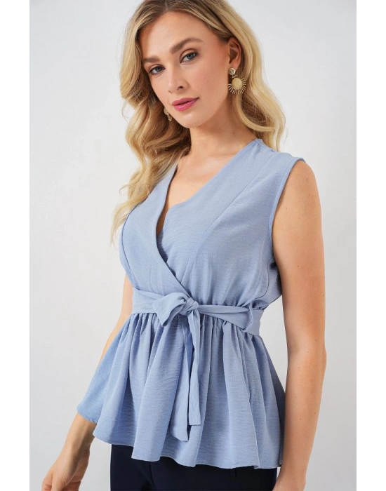 Kruvaze Yaka Kolsuz Bluz 966  Mavi