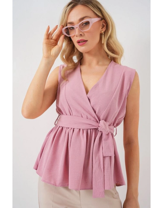 Kruvaze Yaka Kolsuz Bluz 966  Pudra