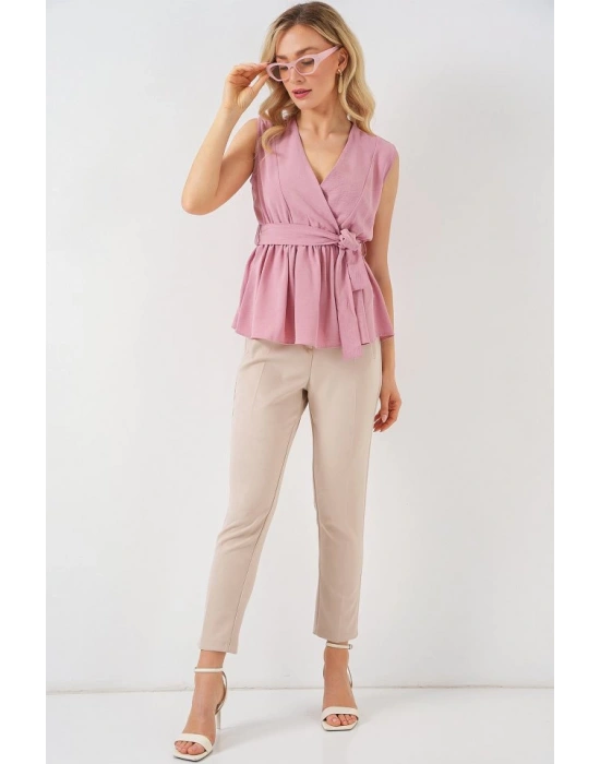 Kruvaze Yaka Kolsuz Bluz 966  Pudra