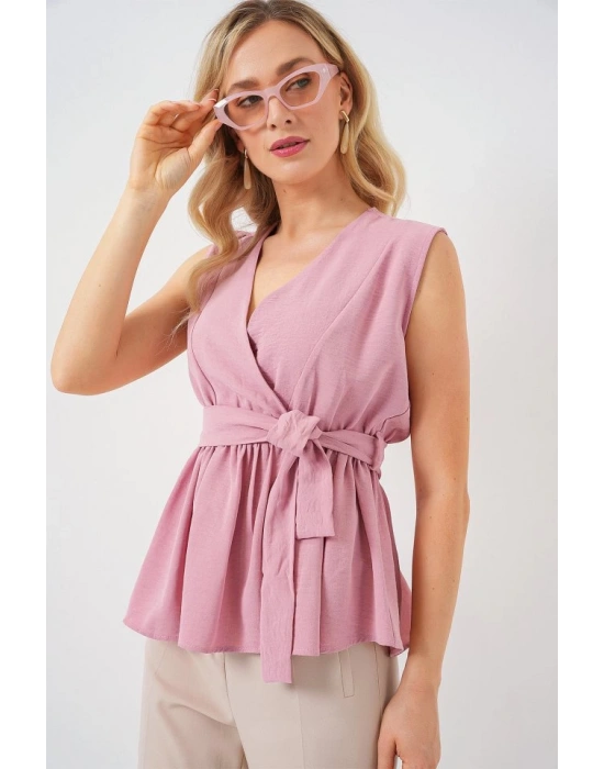 Kruvaze Yaka Kolsuz Bluz 966  Pudra