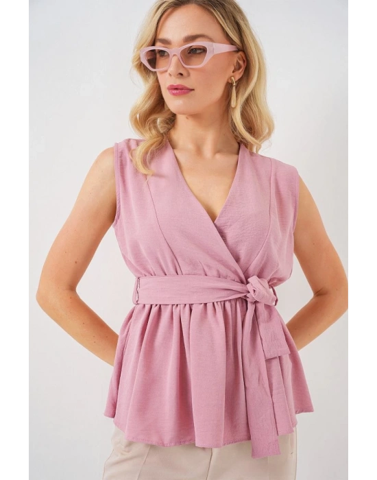 Kruvaze Yaka Kolsuz Bluz 966  Pudra