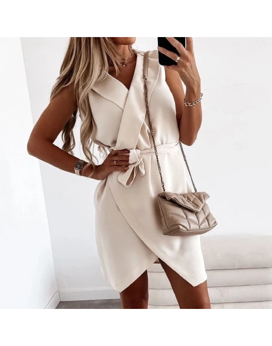 Kruvaze Yaka Kuşaklı Krep Kumaş Elbise