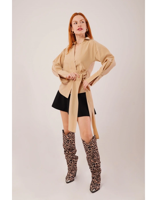 Kruvaze Yaka Yandan Bağlama Detaylı Camel Gömlek