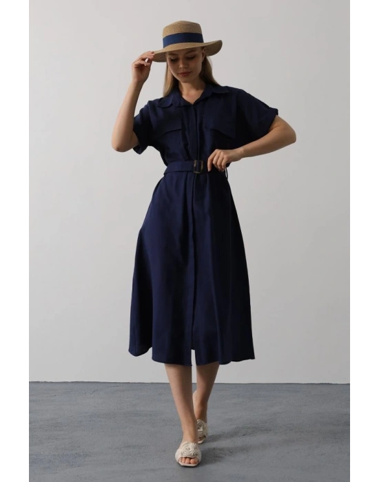 Kuşaklı Cep Detaylı Yarım Kol Elbise  Lacivert