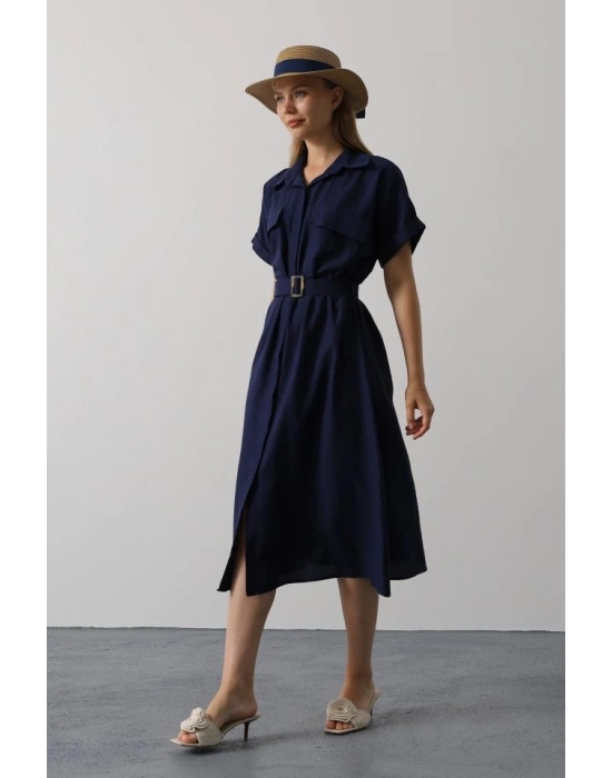 Kuşaklı Cep Detaylı Yarım Kol Elbise  Lacivert