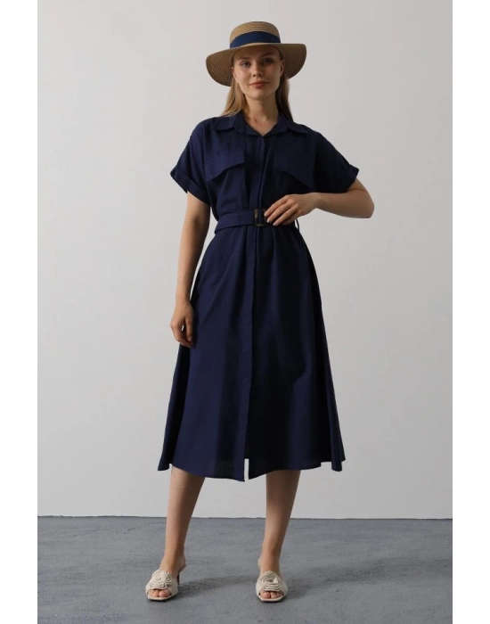Kuşaklı Cep Detaylı Yarım Kol Elbise  Lacivert