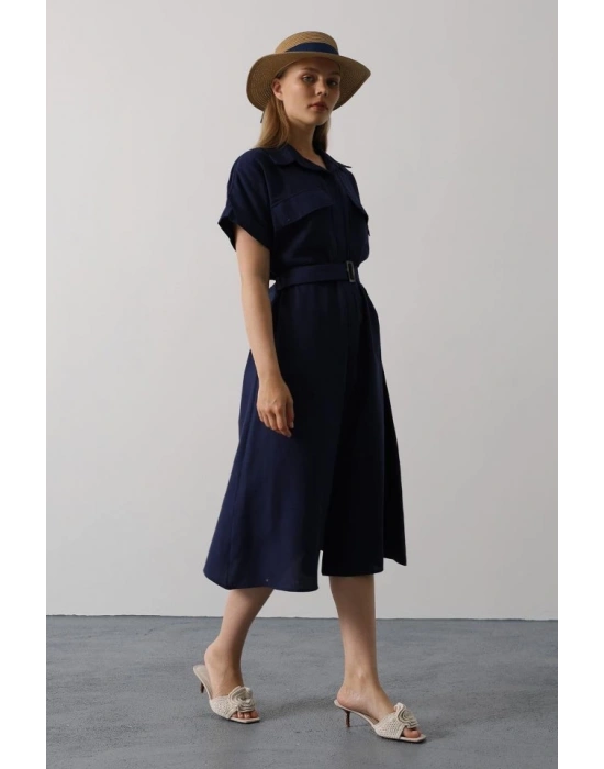 Kuşaklı Cep Detaylı Yarım Kol Elbise  Lacivert