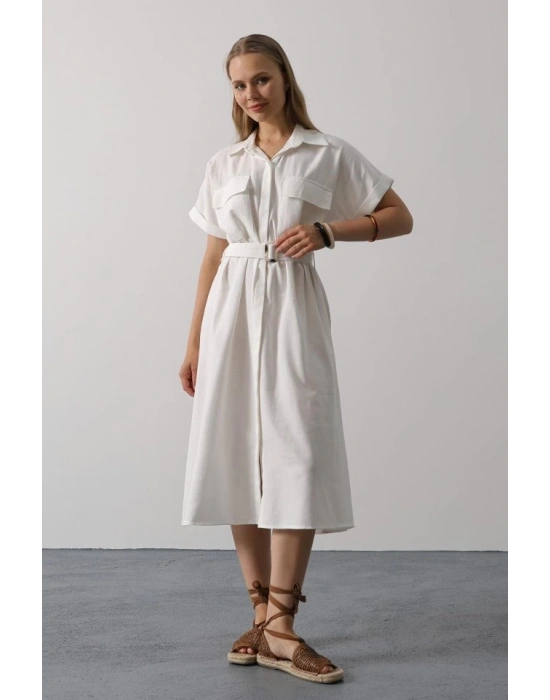 Kuşaklı Cep Detaylı Yarım Kol Elbise  Beyaz