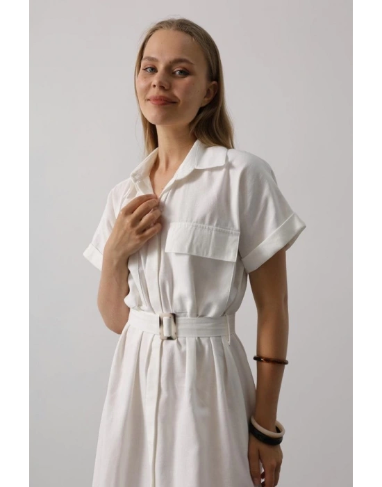Kuşaklı Cep Detaylı Yarım Kol Elbise  Beyaz